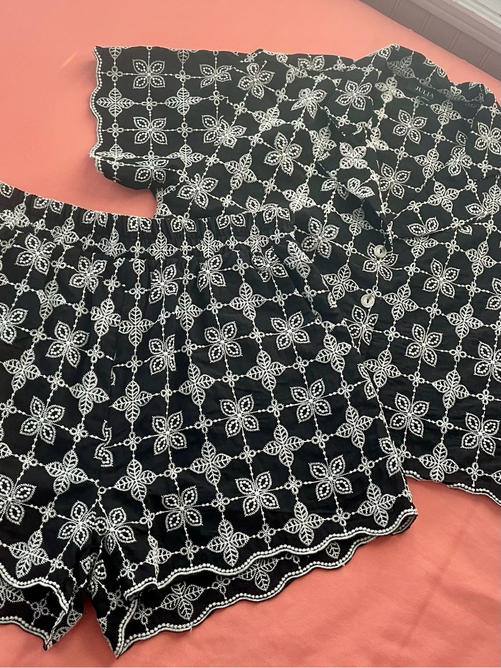 Black Embroidered Short Set- Floral Lace Pattern